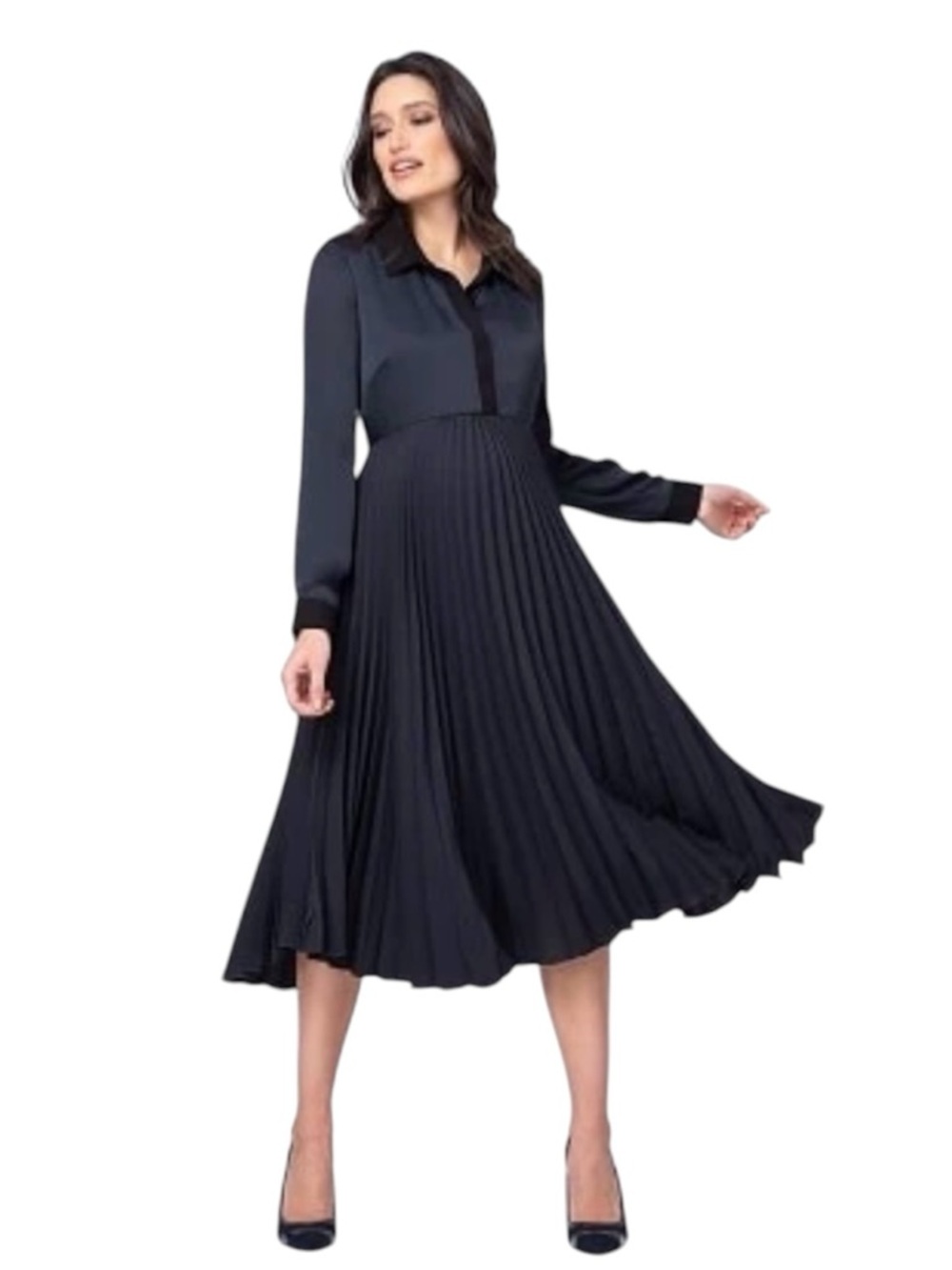 Seraphine Black And Navy Pleated Maternity & Nursing Midi Dress Nwt Size 8 $169